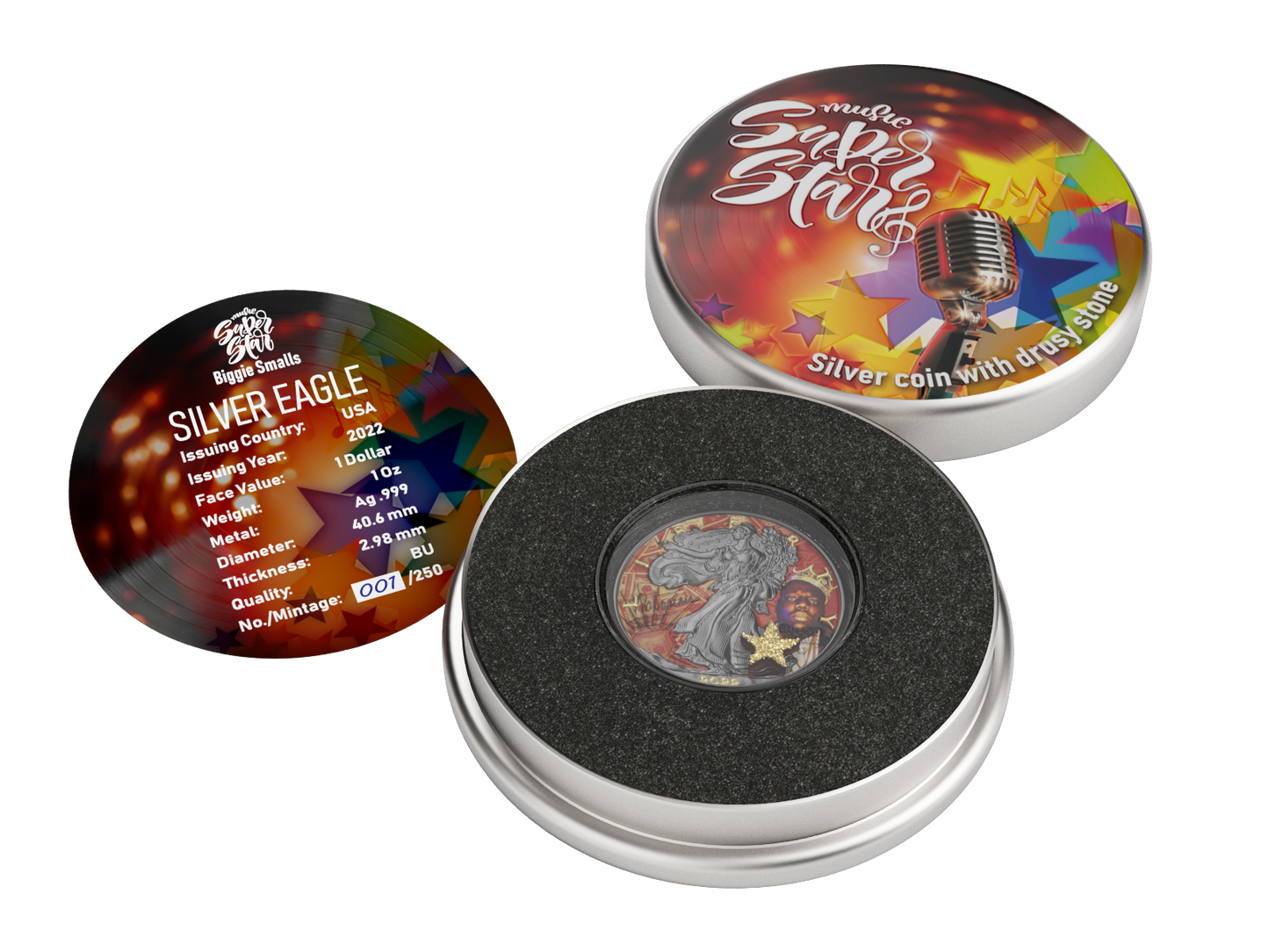 USA 2022 1$ American Eagle Superstar Series Notorious BIG 1 Oz Bejeweled Silver Coin with real Druzy Stone