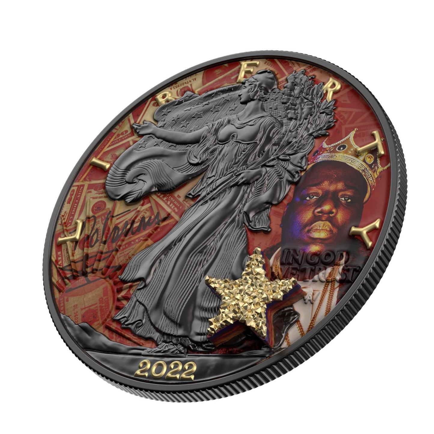 USA 2022 1$ American Eagle Superstar Series Notorious BIG 1 Oz Bejeweled Silver Coin with real Druzy Stone