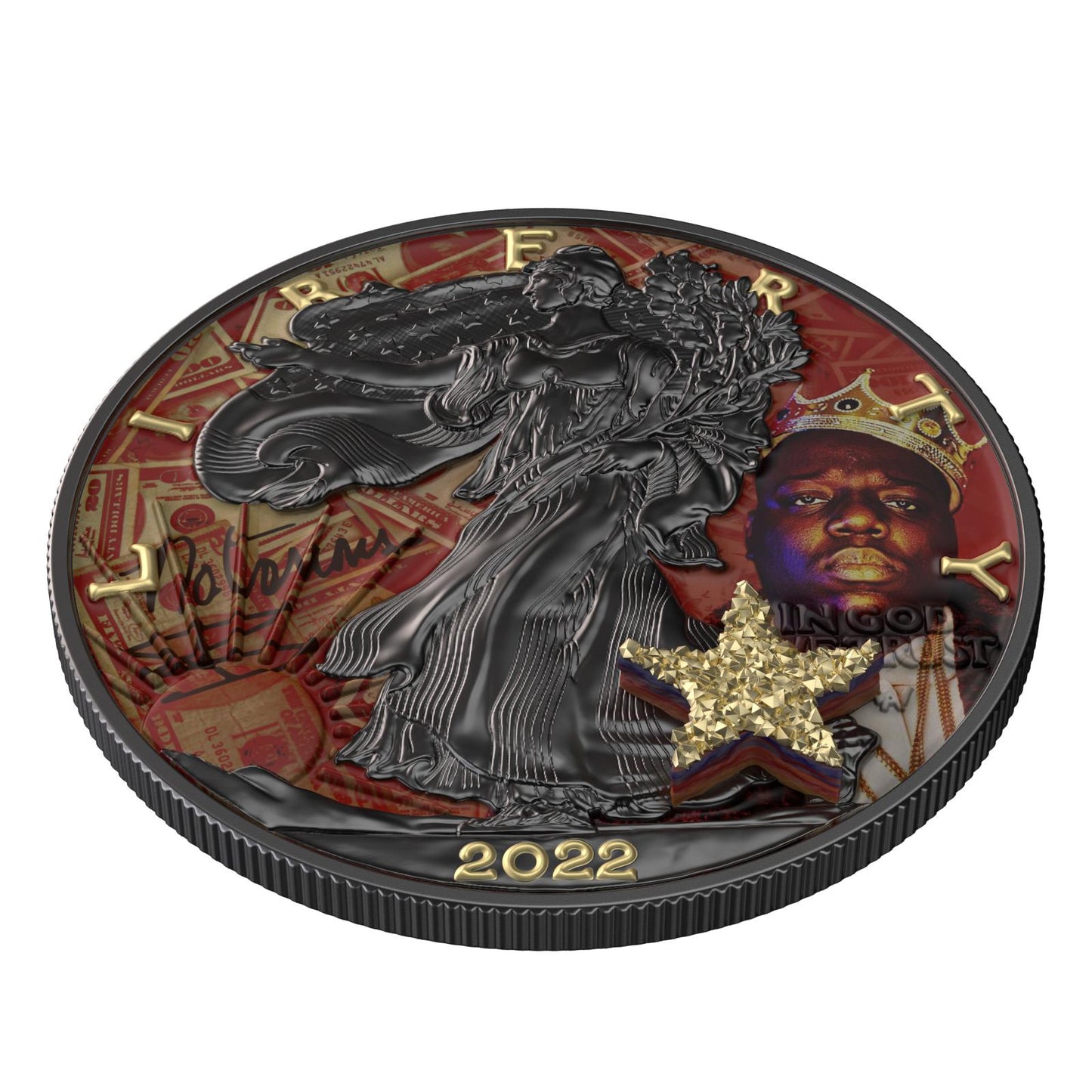 USA 2022 1$ American Eagle Superstar Series Notorious BIG 1 Oz Bejeweled Silver Coin with real Druzy Stone