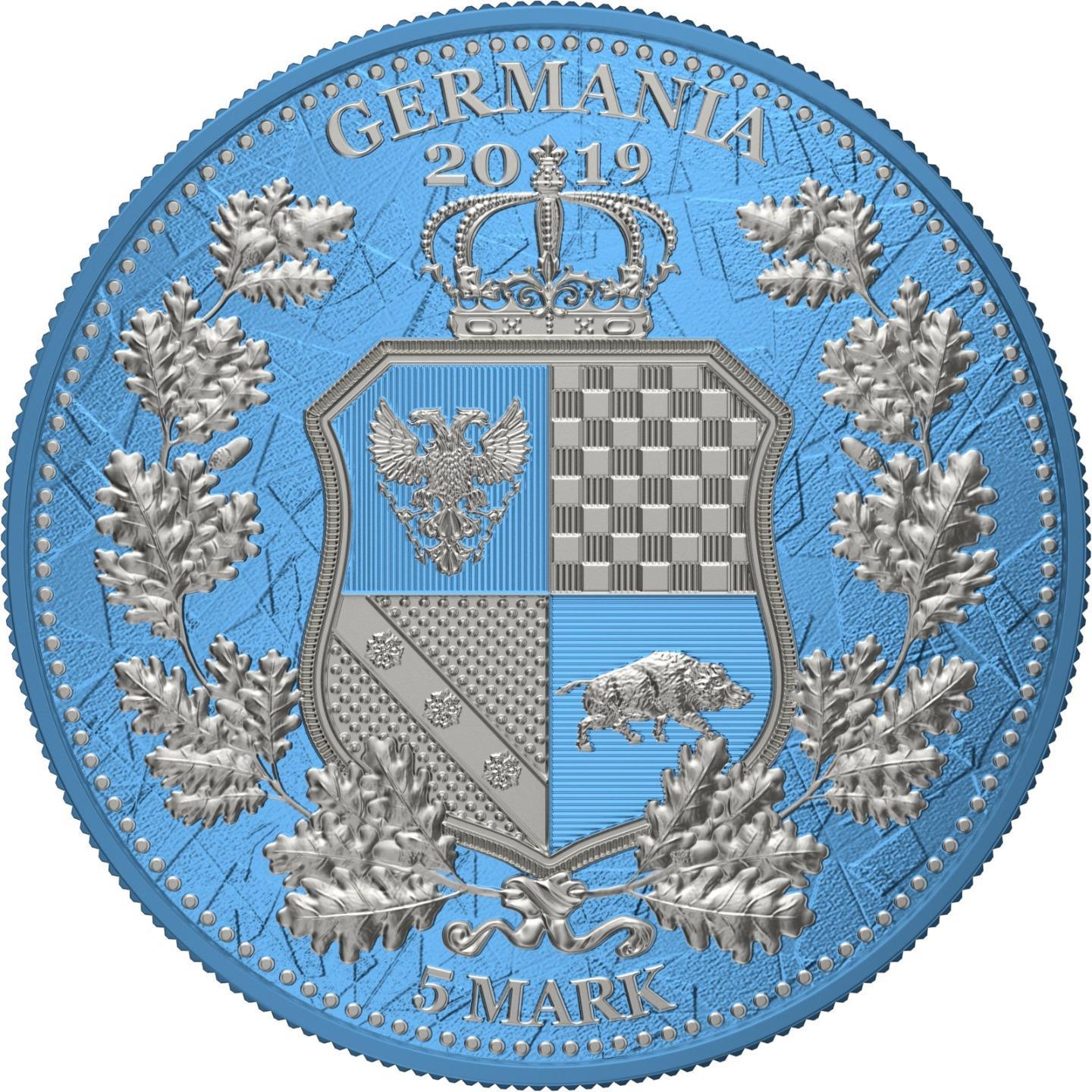 Germania 2019 5 Mark Germania Britania I Color 1 Oz Silver Coin Sky Blue