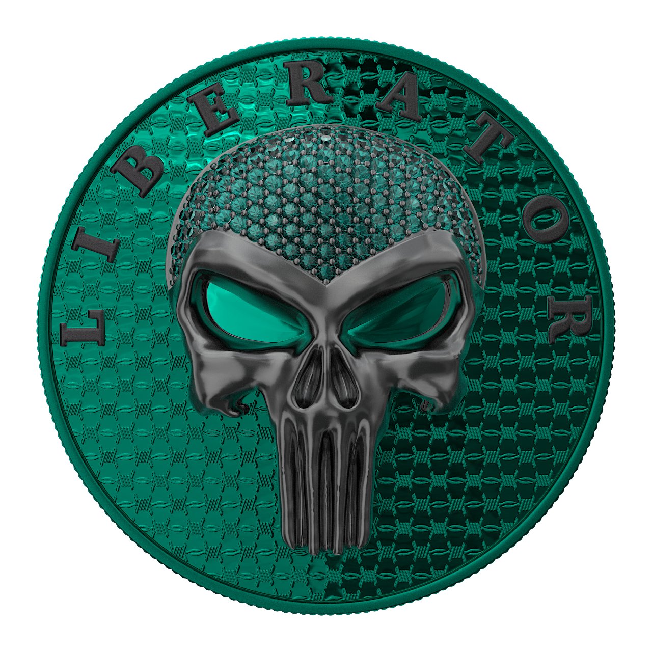 Dark Side 2021 1 Soul Proof Liberator Black Skull with Real Swarovski Crystals 1 Oz Colored Silver Coin Green