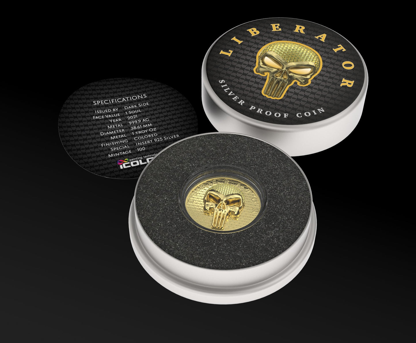 Dark Side 2021 1 Soul Proof Liberator Golden Skull with Real Swarovski Crystals 1 Oz Colored Silver Coin Gold