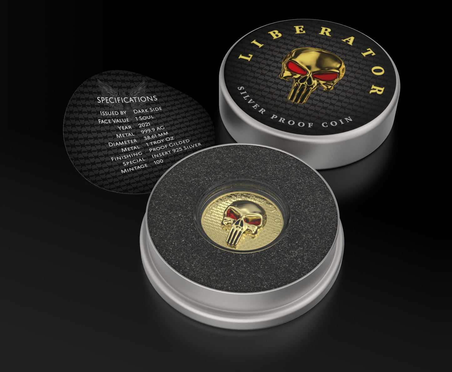 Dark Side 2021 1 Soul Proof Liberator Yellow Gold 1 Oz Proof 3D Insert Enameled Eyes Silver Round 925 Sterling Gold Skull