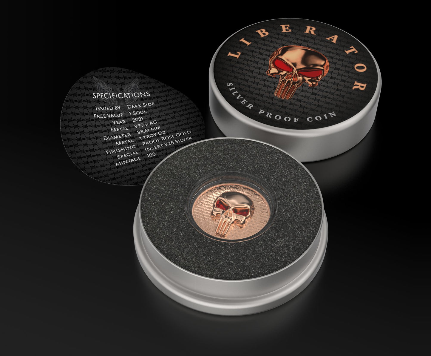 Dark Side 2021 1 Soul Proof Liberator Rose Gold 1 Oz Proof 3D Insert Enameled Eyes Silver Round 925 Sterling Rose Skull