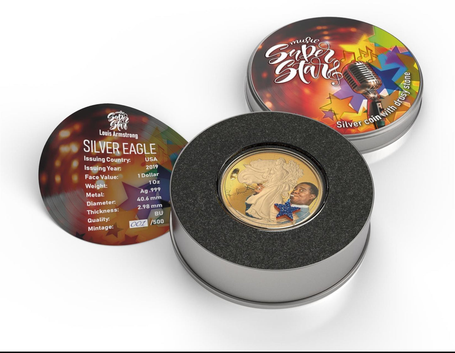 USA 2019 1$ American Eagle Superstar Series Louis Armstrong 1 Oz Bejeweled Silver Coin