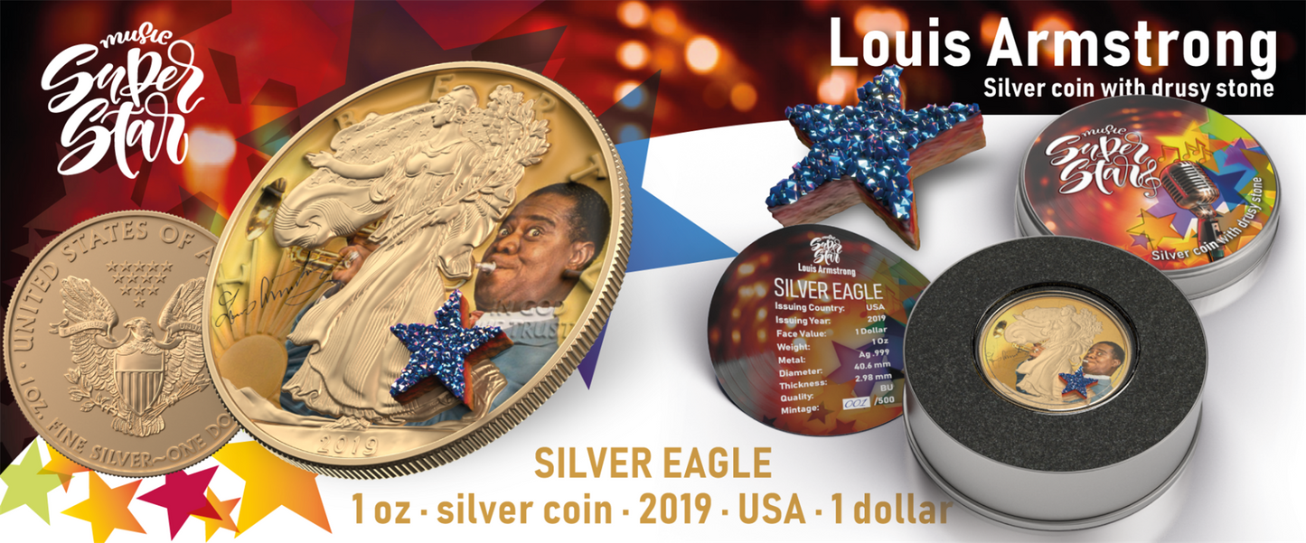 USA 2019 1$ American Eagle Superstar Series Louis Armstrong 1 Oz Bejeweled Silver Coin