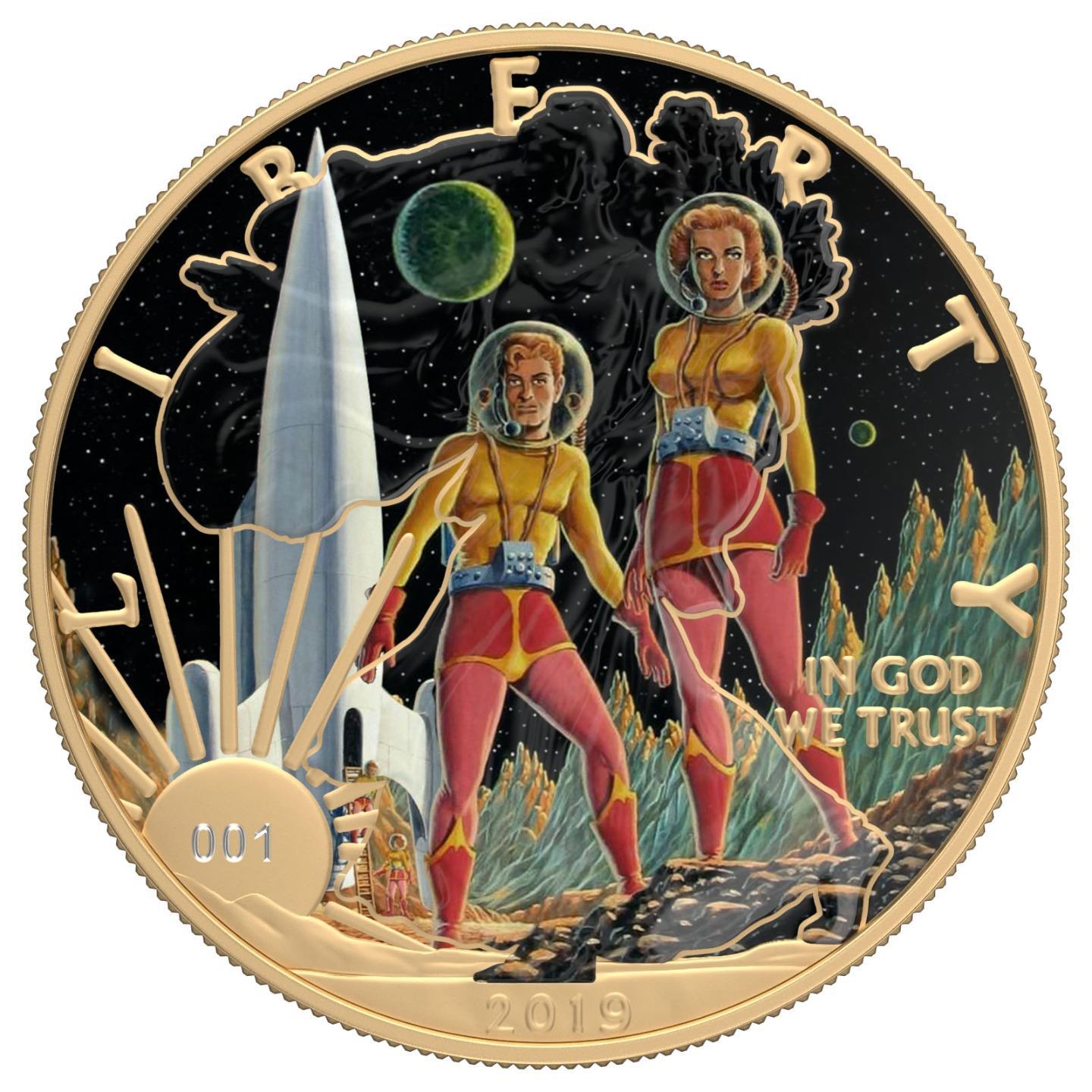 USA 2019 1$ American Eagle Sci-Fi Edition 1 Oz Colored Gilded Silver Coin Landing