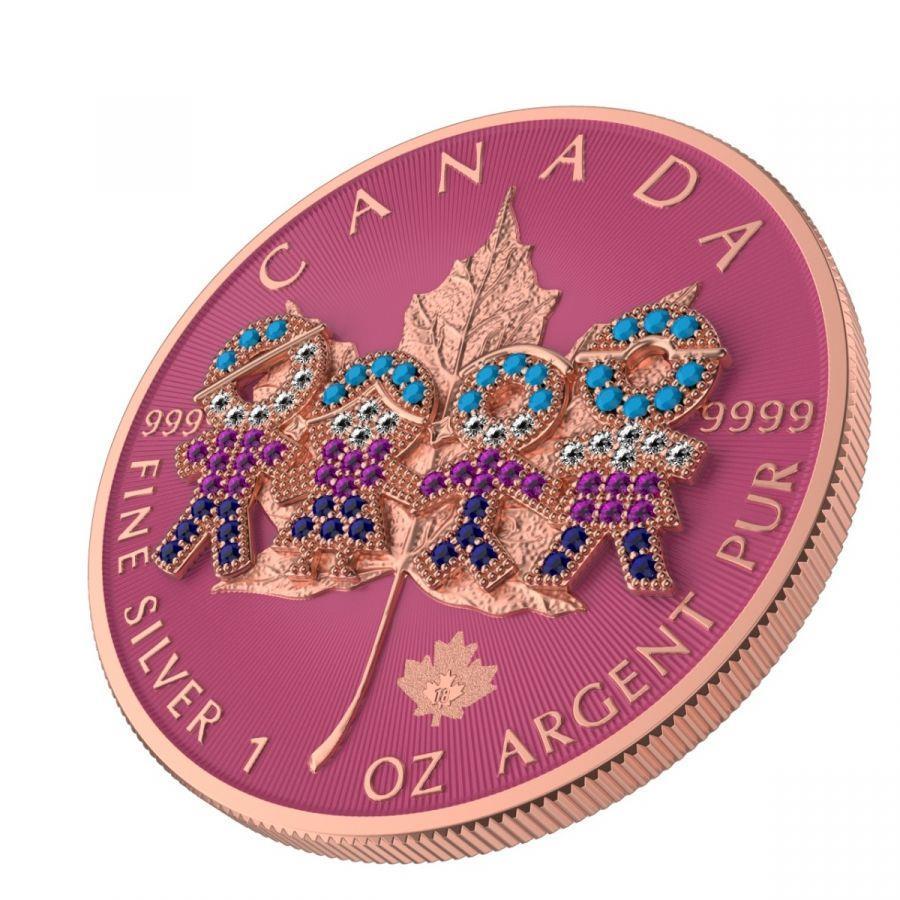 Canada 2021 5$ Maple Leaf Big Family 1 Oz Colored Silver Coin with 3D Insert Pink