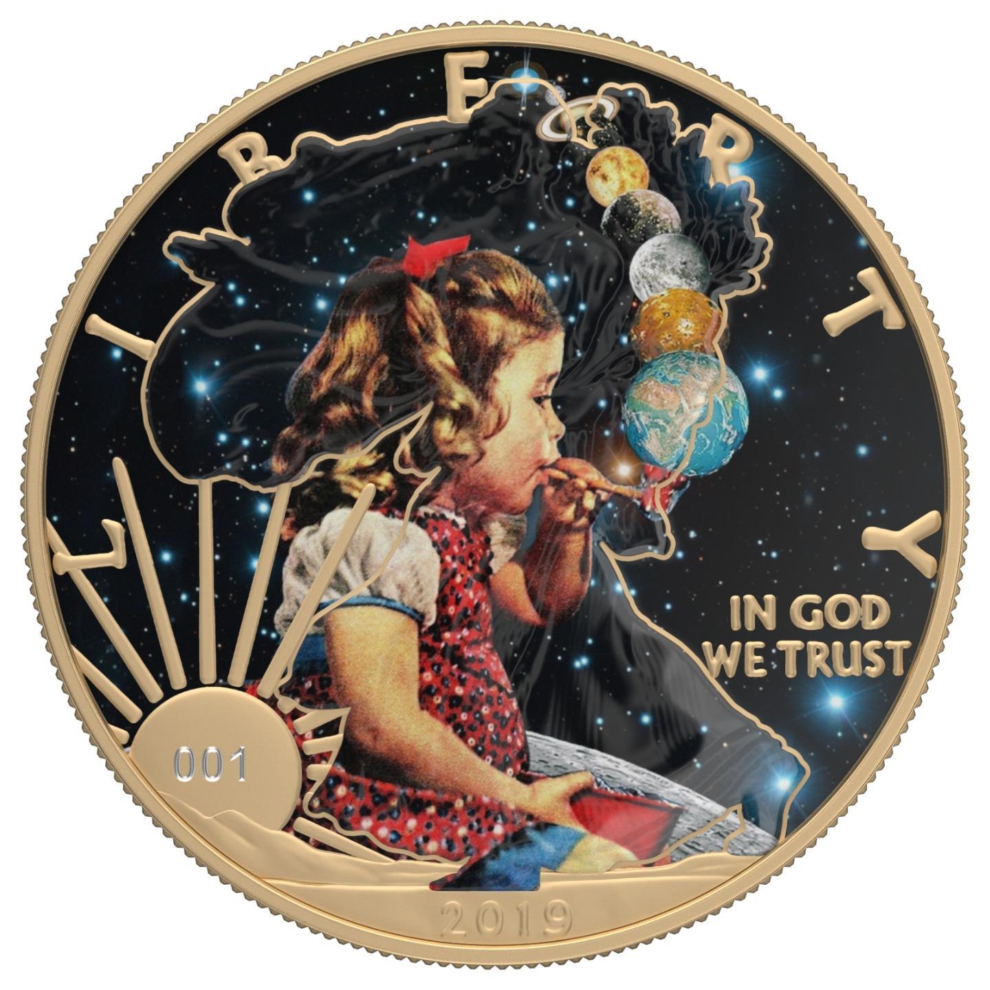 USA 2019 1$ American Eagle Sci-Fi Edition 1 Oz Colored Gilded Silver Coin Bubble Planets
