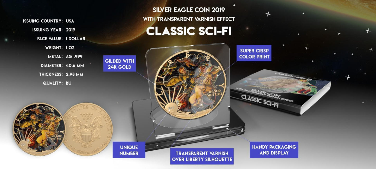 USA 2019 1$ American Eagle Sci-Fi Edition 1 Oz Colored Gilded Silver Coin Eraser