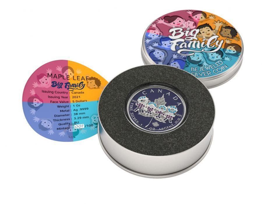 Canada 2021 5$ Maple Leaf Big Family 1 Oz Colored Silver Coin with 3D Insert Blue