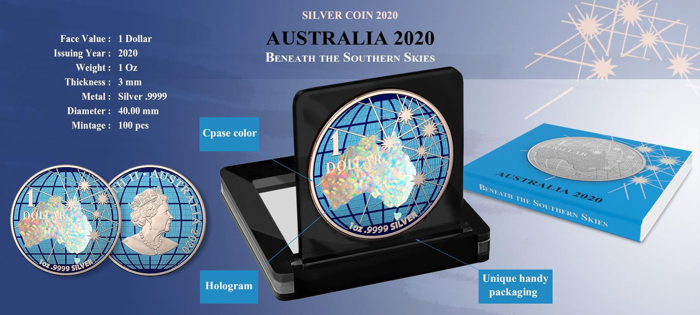 Australia 2020 1$ - Beneath the Southern Skies - Opal Holo - 1 Oz Silver Coin