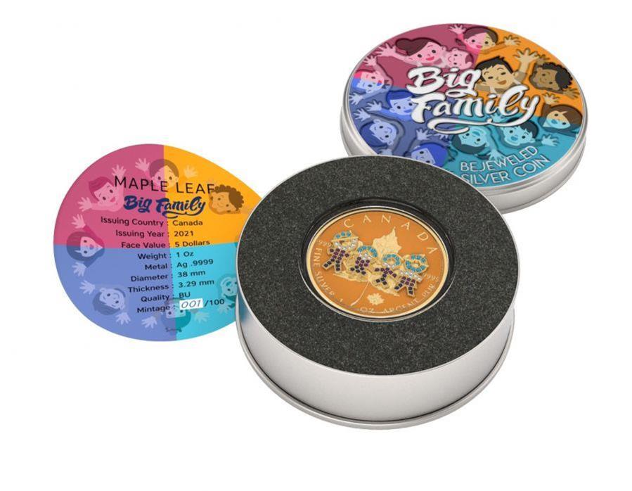 Canada 2021 5$ Maple Leaf Big Family 1 Oz Colored Silver Coin with 3D Insert Orange