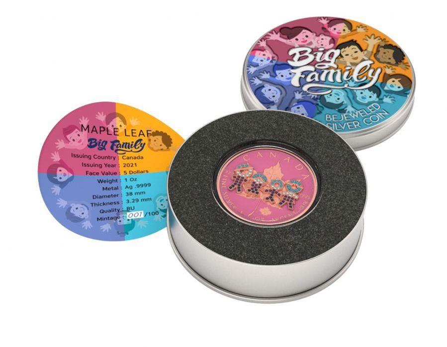 Canada 2021 5$ Maple Leaf Big Family 1 Oz Colored Silver Coin with 3D Insert Pink