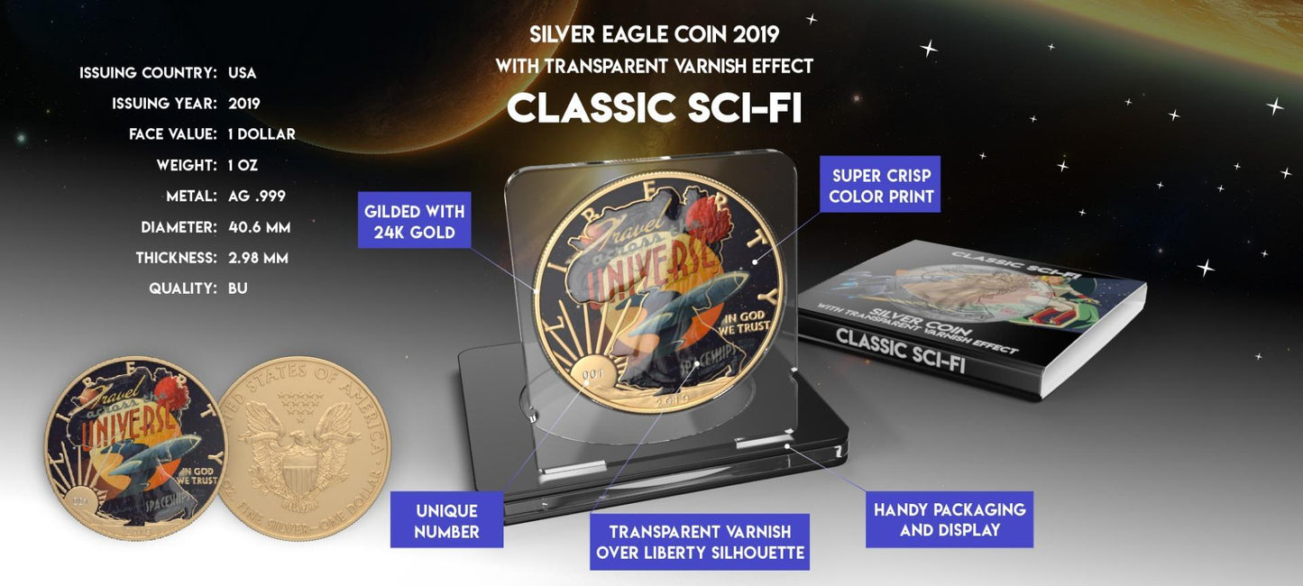 USA 2019 1$ American Eagle Sci-Fi Edition 1 Oz Colored Gilded Silver Coin Accross The Universe