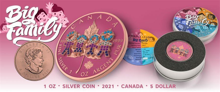 Canada 2021 5$ Maple Leaf Big Family 1 Oz Colored Silver Coin with 3D Insert Pink