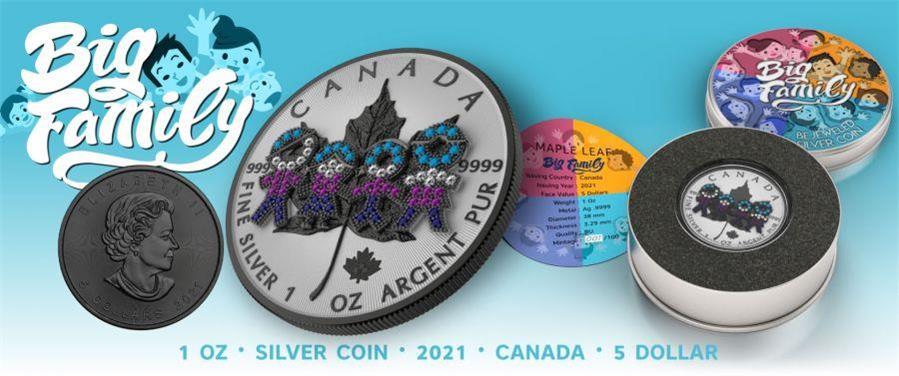 Canada 2021 5$ Maple Leaf Big Family 1 Oz Colored Silver Coin with 3D Insert Black