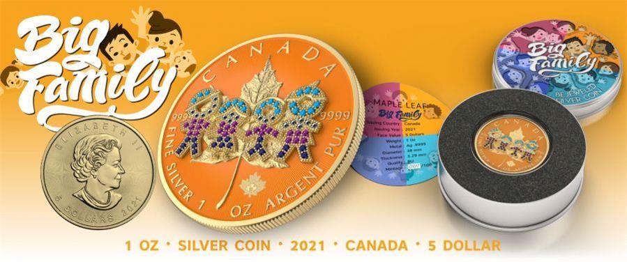 Canada 2021 5$ Maple Leaf Big Family 1 Oz Colored Silver Coin with 3D Insert Orange