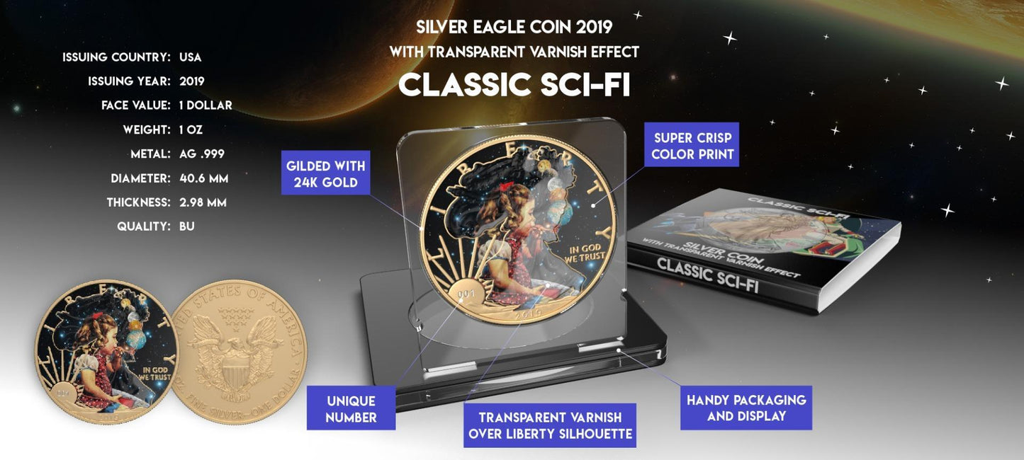 USA 2019 1$ American Eagle Sci-Fi Edition 1 Oz Colored Gilded Silver Coin Bubble Planets