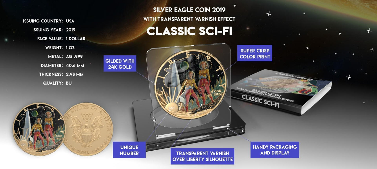 USA 2019 1$ American Eagle Sci-Fi Edition 1 Oz Colored Gilded Silver Coin Landing