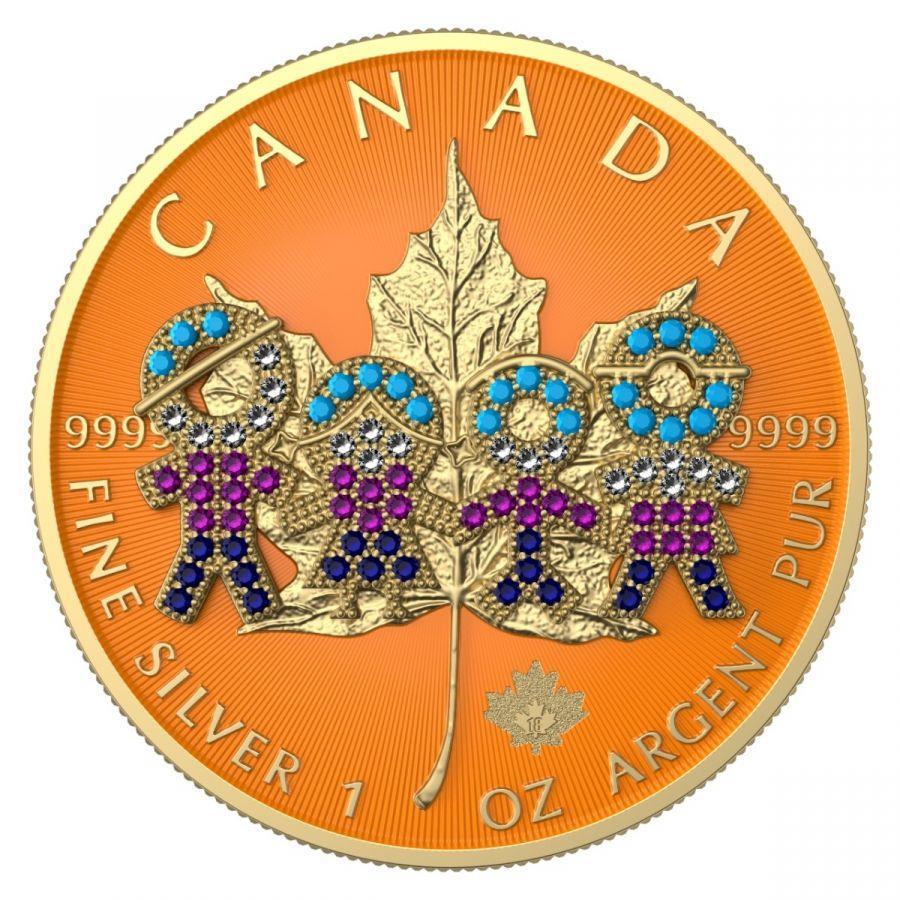 Canada 2021 5$ Maple Leaf Big Family 1 Oz Colored Silver Coin with 3D Insert Orange