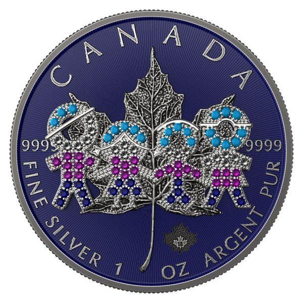 Canada 2021 5$ Maple Leaf Big Family 1 Oz Colored Silver Coin with 3D Insert Blue