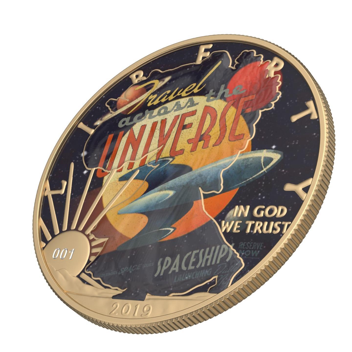 USA 2019 1$ American Eagle Sci-Fi Edition 1 Oz Colored Gilded Silver Coin Accross The Universe