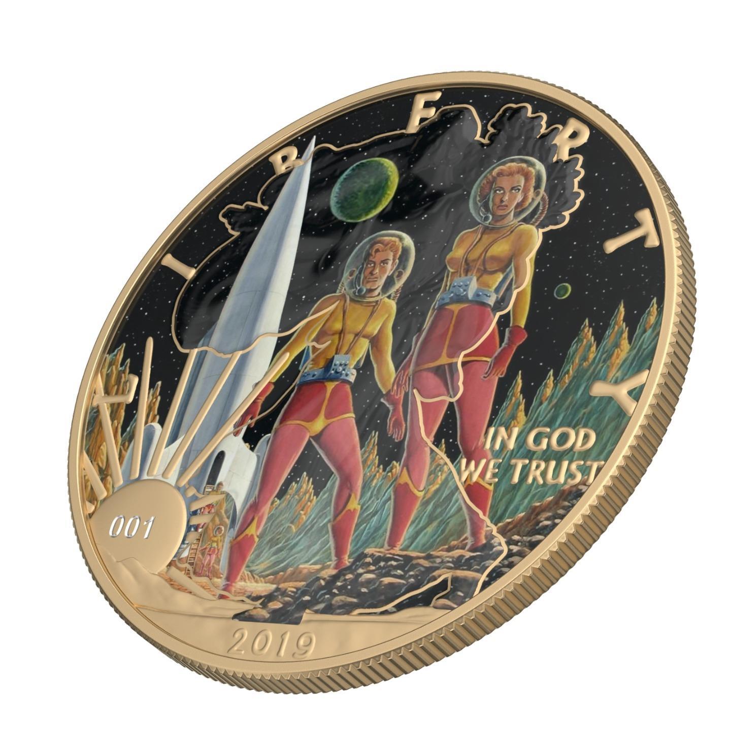 USA 2019 1$ American Eagle Sci-Fi Edition 1 Oz Colored Gilded Silver Coin Landing