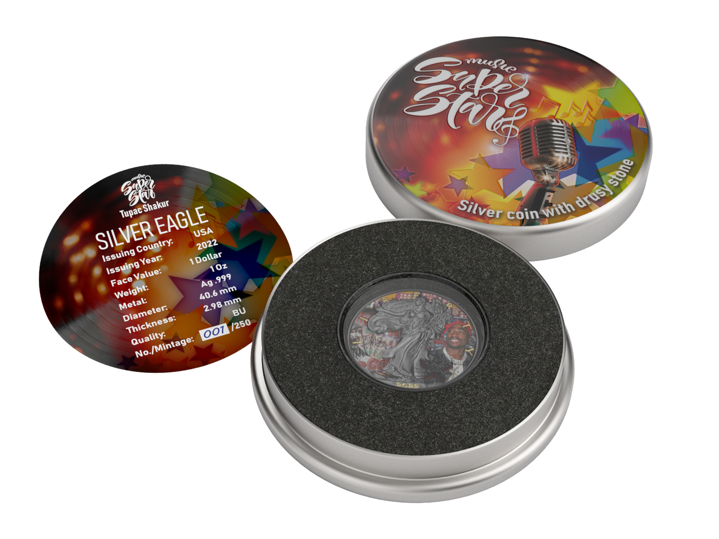 USA 2022 1$ American Eagle Superstar Series Tupac Shakur 1 Oz Bejeweled Silver Coin with real Druzy Stone