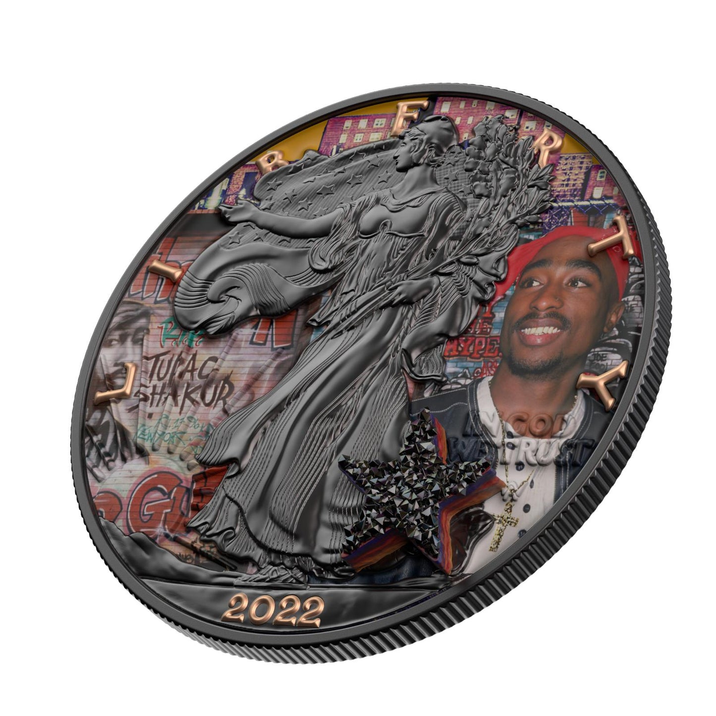 USA 2022 1$ American Eagle Superstar Series Tupac Shakur 1 Oz Bejeweled Silver Coin with real Druzy Stone