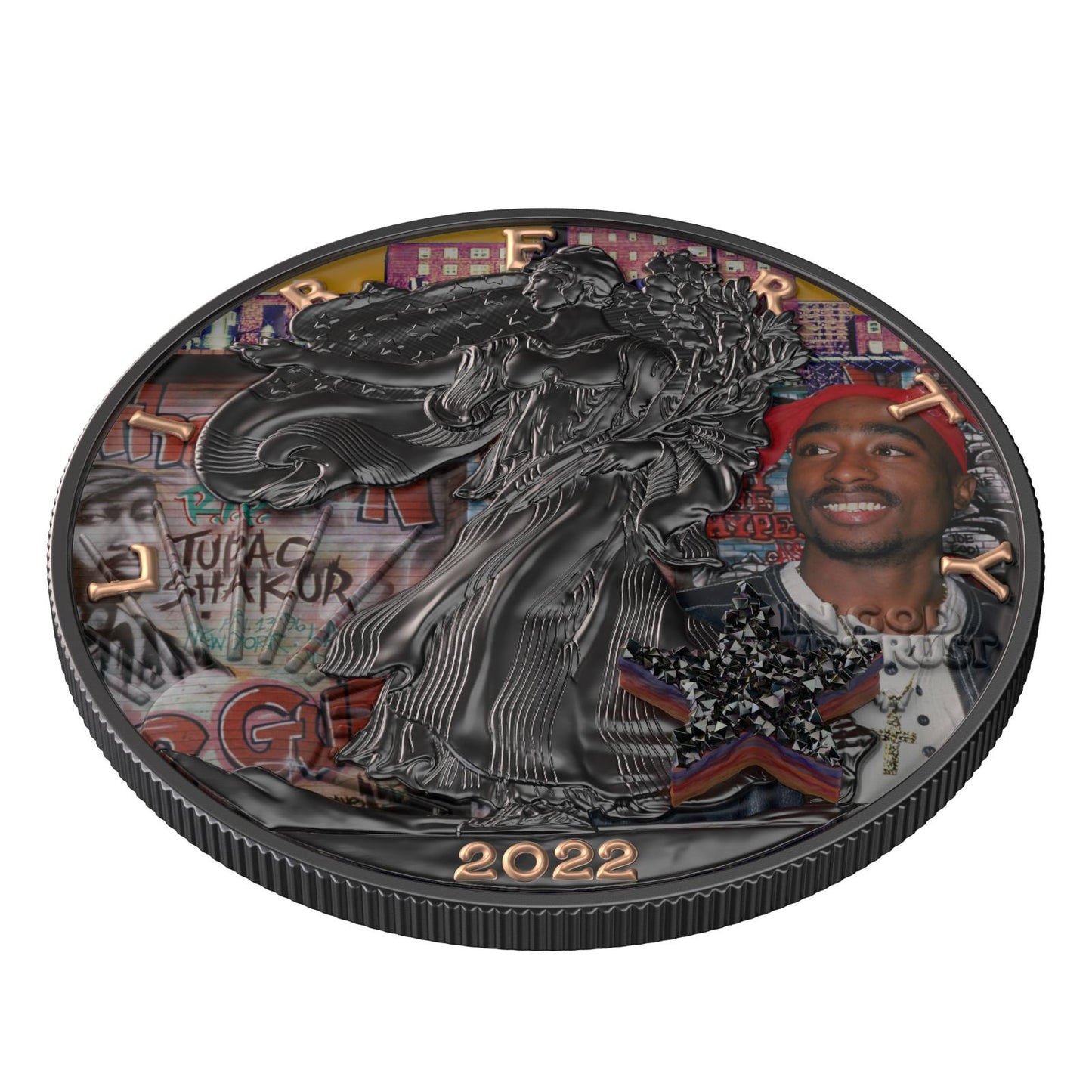 USA 2022 1$ American Eagle Superstar Series Tupac Shakur 1 Oz Bejeweled Silver Coin with real Druzy Stone