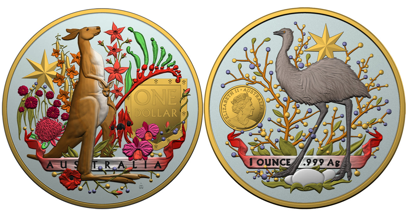 Australia 2021 2x1$ Coat Of Arms Emu & Kangaroo 2x1 Oz Colored Gilded Silver Coin Set