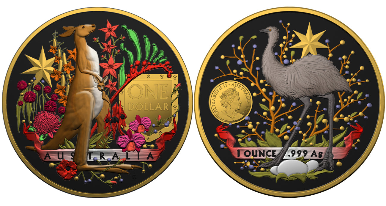 Australia 2021 2x1$ Coat Of Arms Emu & Kangaroo 2x1 Oz Colored Gilded Silver Coin Set