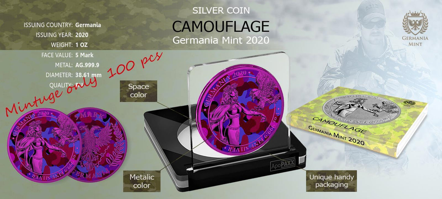 Germania 2020 5 Mark Camouflage 1 Oz Silver Colored Silver Coin Aida