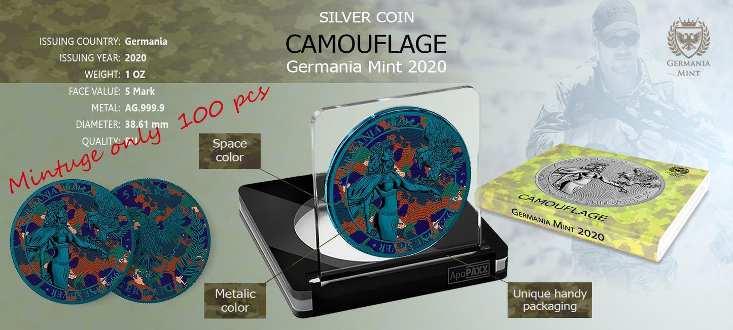 Germania 2020 5 Mark Camouflage 1 Oz Silver Colored Silver Coin Alps