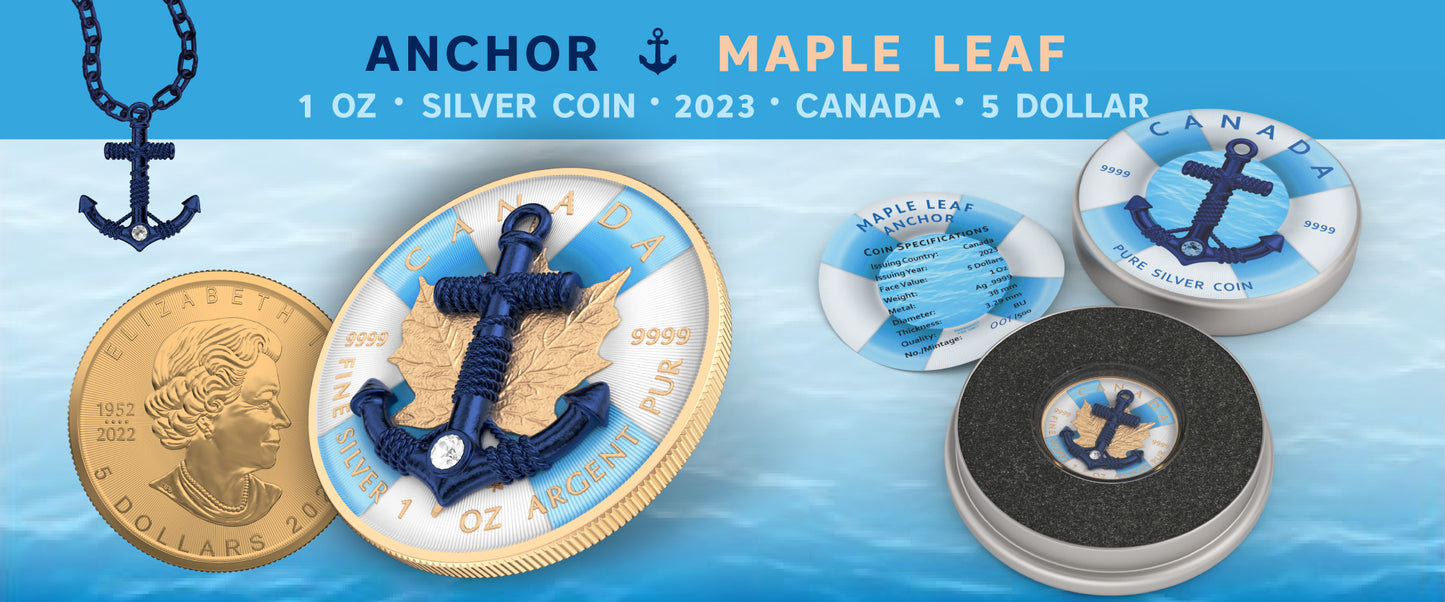 Canada 2023 5$ Maple Leaf Anchor 1Oz Bejeweled 999.9 Fine Silver Coin