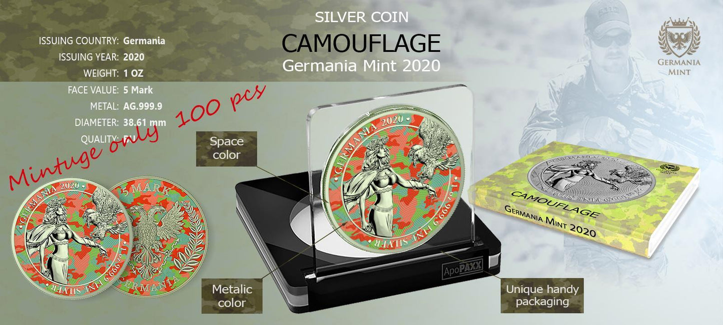 Germania 2020 5 Mark Camouflage 1 Oz Silver Colored Silver Coin Apennines