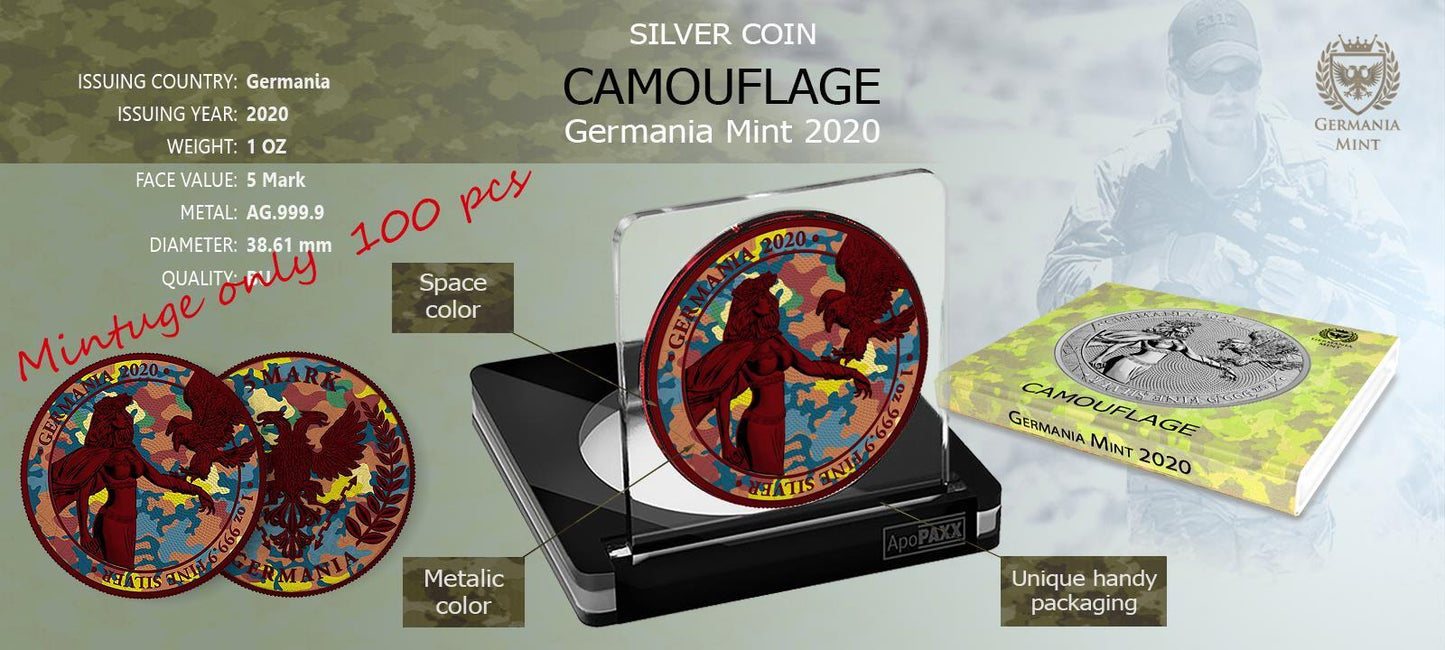 Germania 2020 5 Mark Camouflage 1 Oz Silver Colored Silver Coin Ardenes