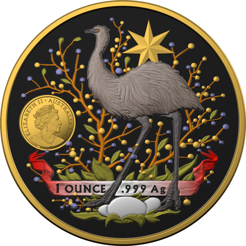 Australia 2021 2x1$ Coat Of Arms Emu & Kangaroo 2x1 Oz Colored Gilded Silver Coin Set