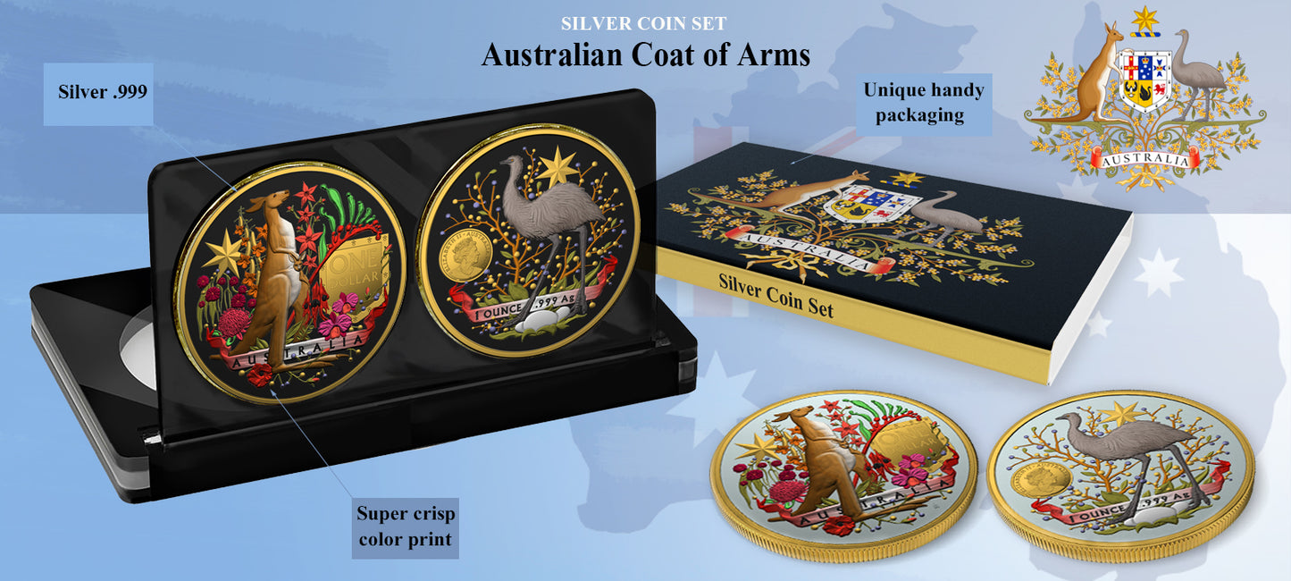 Australia 2021 2x1$ Coat Of Arms Emu & Kangaroo 2x1 Oz Colored Gilded Silver Coin Set