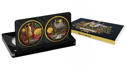 Australia 2021 2x1$ Coat Of Arms Emu & Kangaroo 2x1 Oz Colored Gilded Silver Coin Set