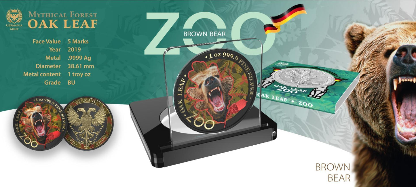 Germania 2019 5 Mark Oak Leaf Zoo Series 1 Oz Colored Silver Coin Brown Bear