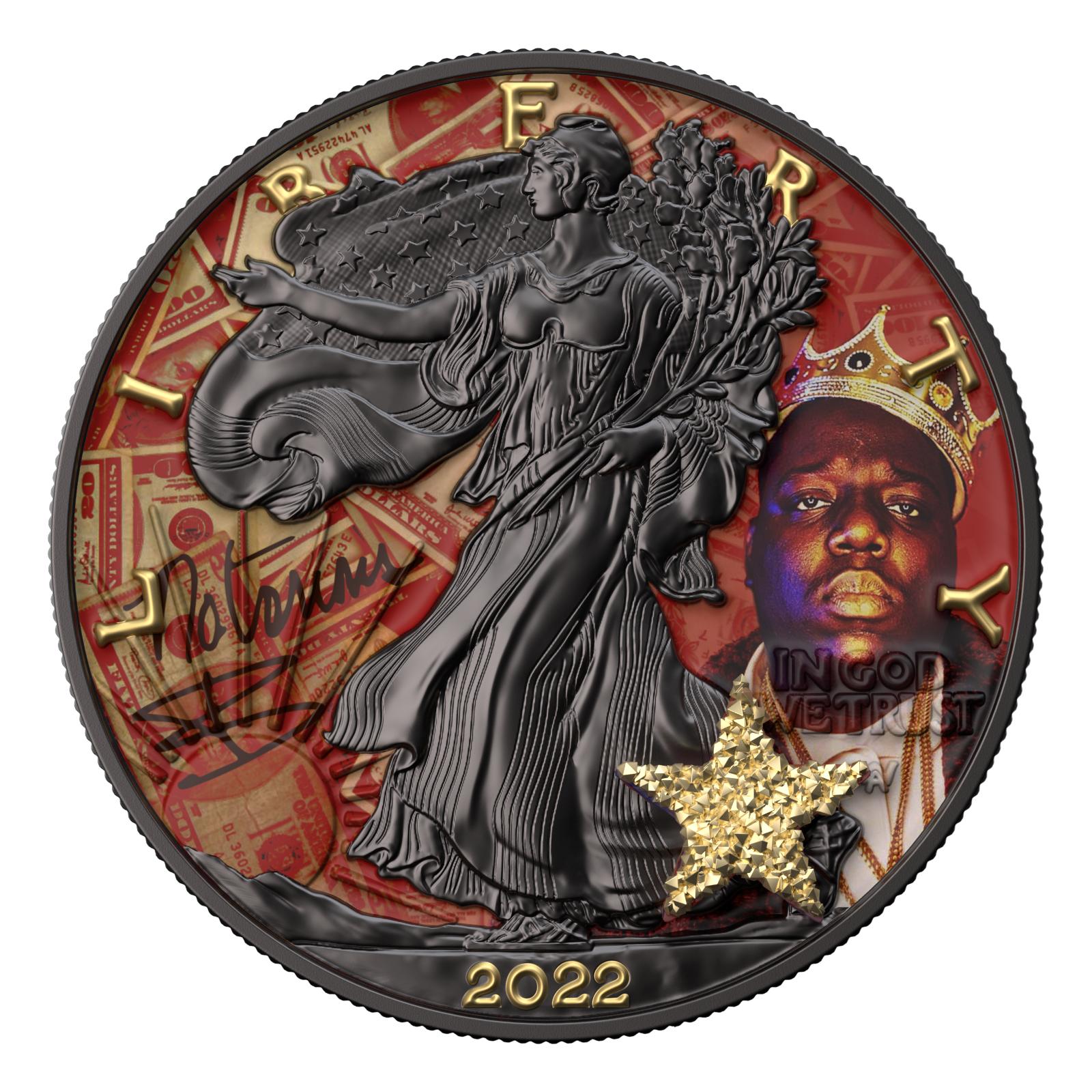 USA 2022 1$ American Eagle Superstar Series Notorious BIG 1 Oz Bejeweled Silver Coin with real Druzy Stone