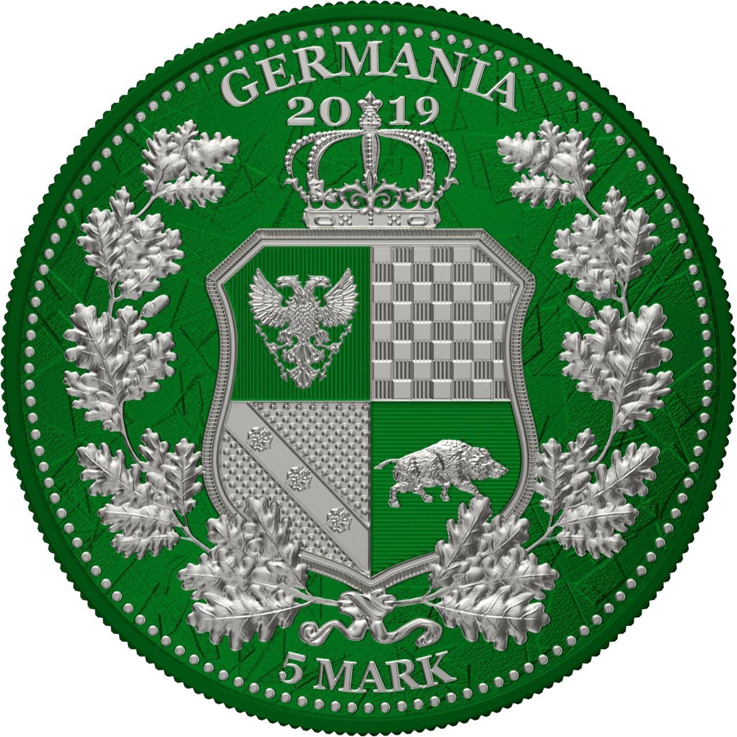 Germania 2019 5 Mark Germania Britania I Color 1 Oz Silver Coin Dark Green