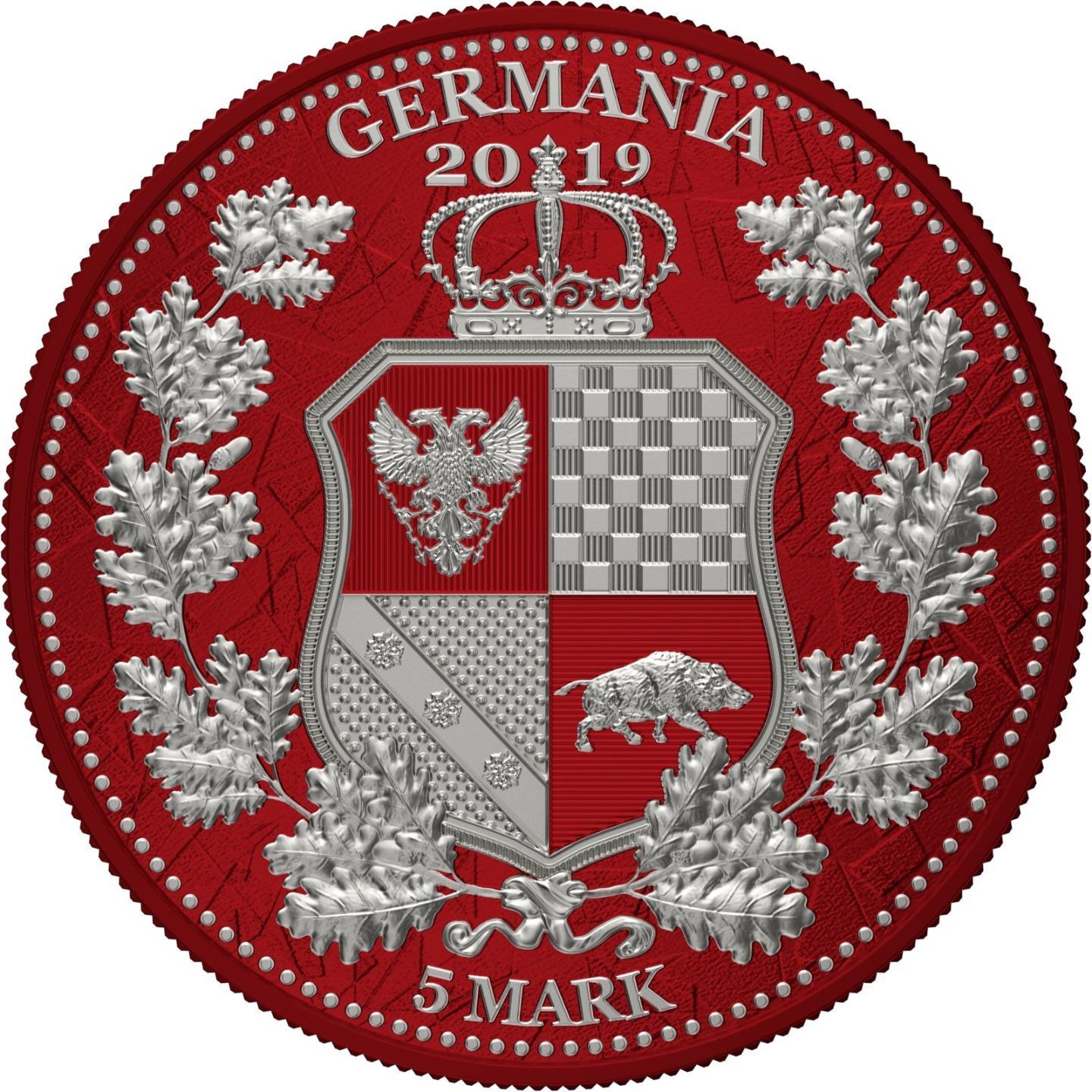 Germania 2019 5 Mark Germania Britania I Color 1 Oz Silver Coin Dark Red