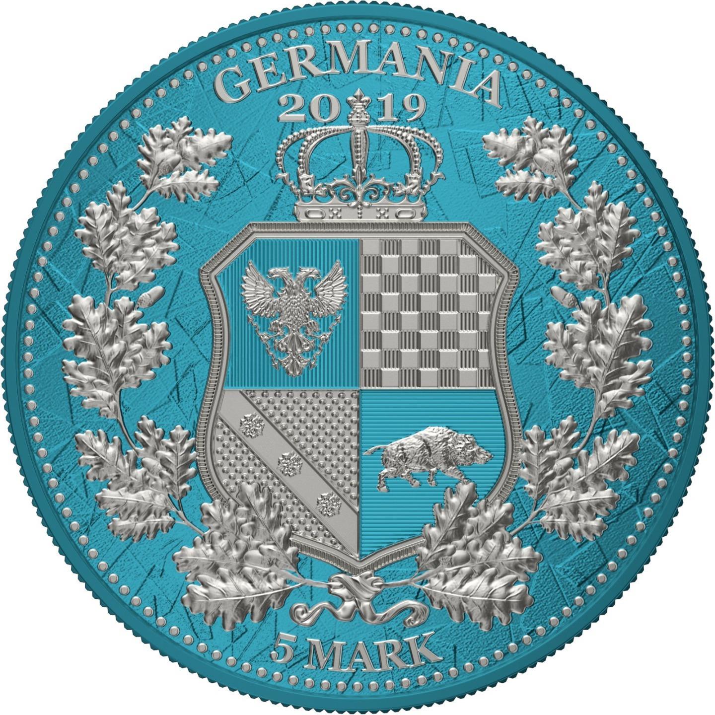 Germania 2019 5 Mark Germania Britania I Color 1 Oz Silver Coin Green Blue