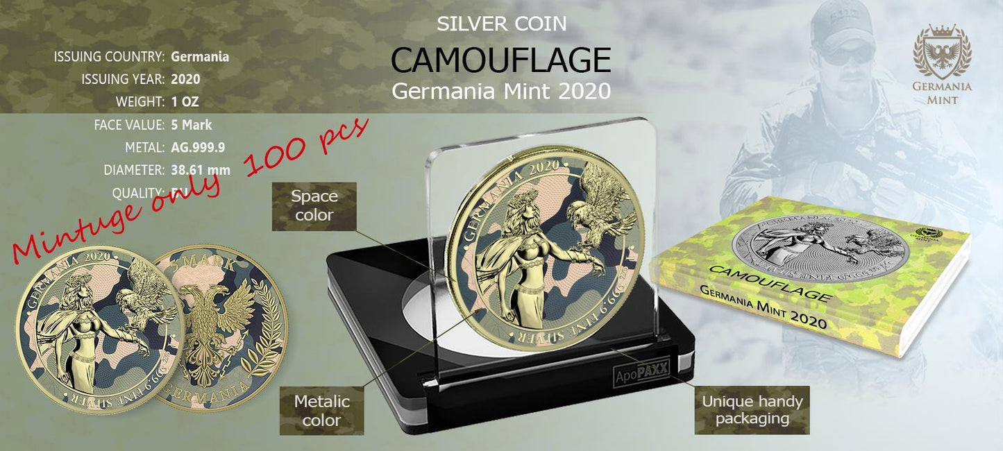 Germania 2020 5 Mark Camouflage 1 Oz Silver Colored Silver Coin Camelia