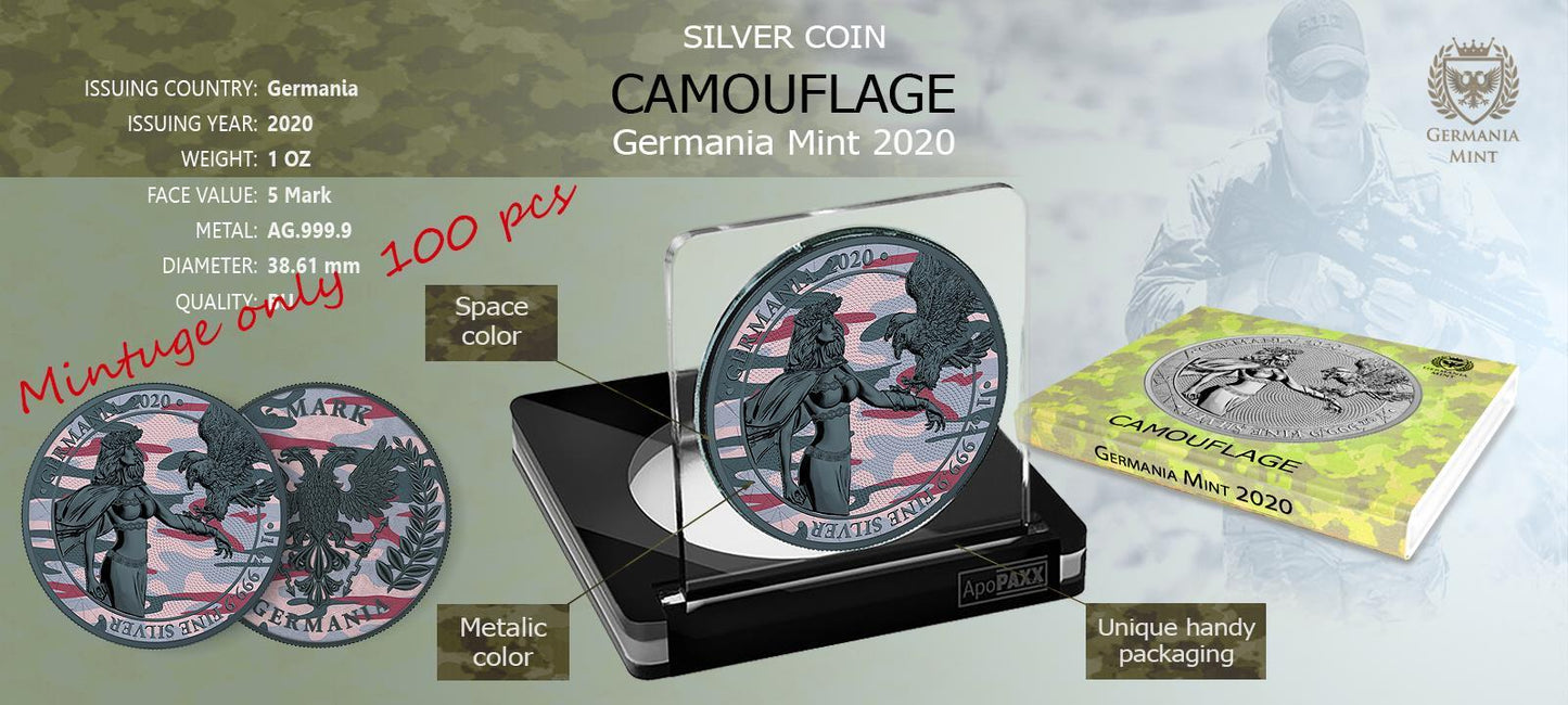 Germania 2020 5 Mark Camouflage 1 Oz Silver Colored Silver Coin Caucasus