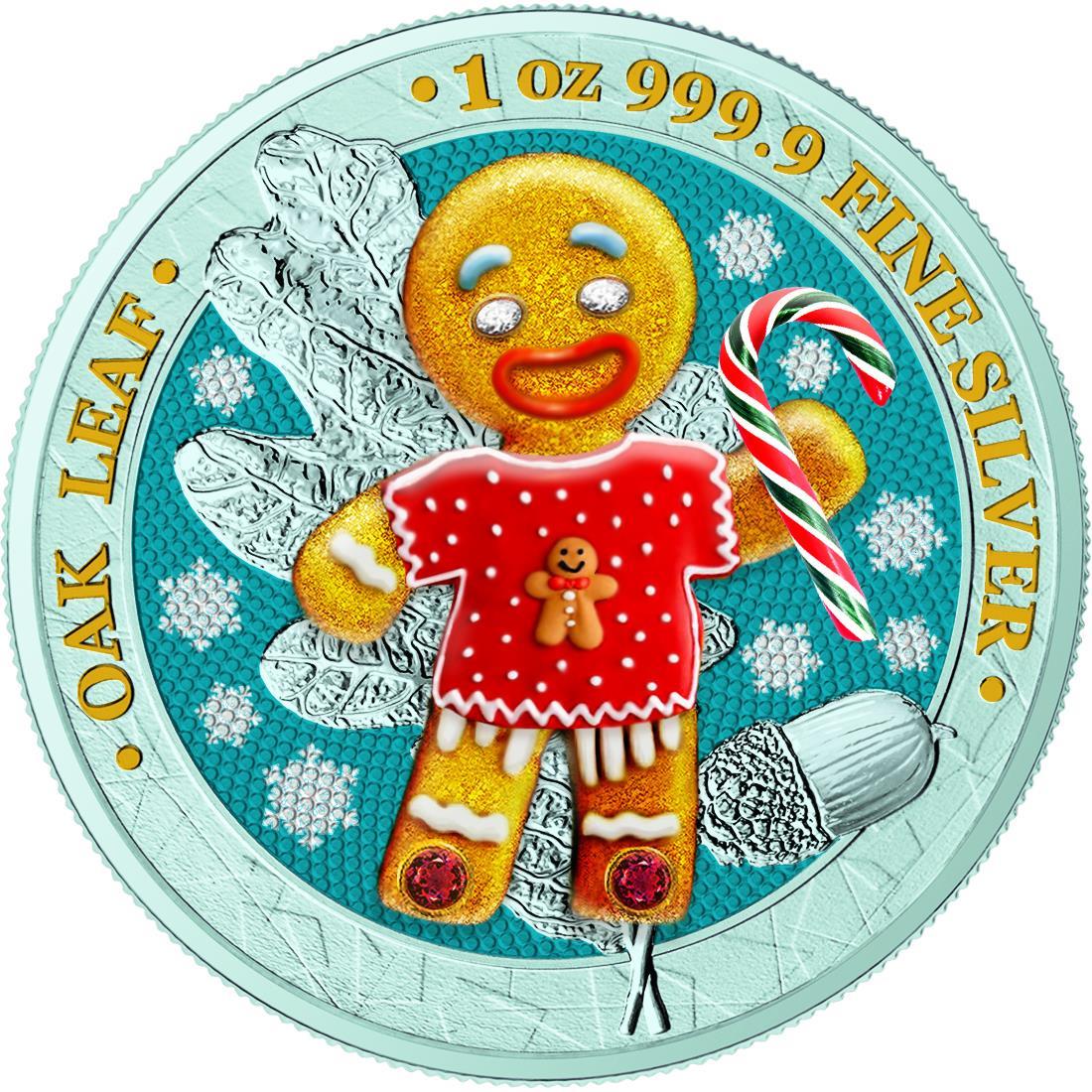 Germania 2019 5 Mark Oak Leaf 3D Gingerbread Insert 1 Oz Colored Gilded Silver Coin Christmas Man