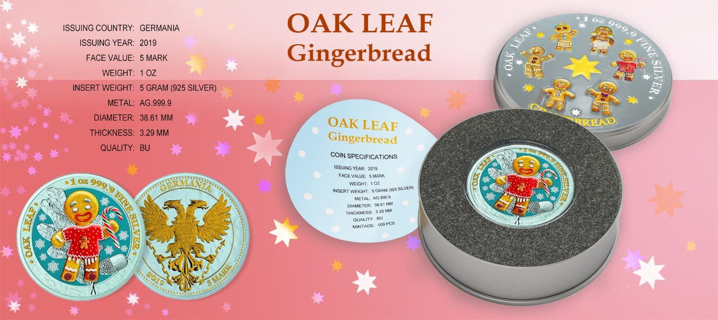 Germania 2019 5 Mark Oak Leaf 3D Gingerbread Insert 1 Oz Colored Gilded Silver Coin Christmas Man